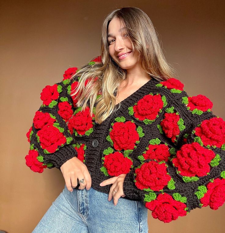 Home Commuter Floral Embroidered Loose Knitted Sweater Cardigan
