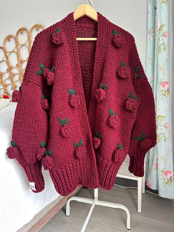 Casual Elegant Knitted Floral Embroidered Cardigan Sweater