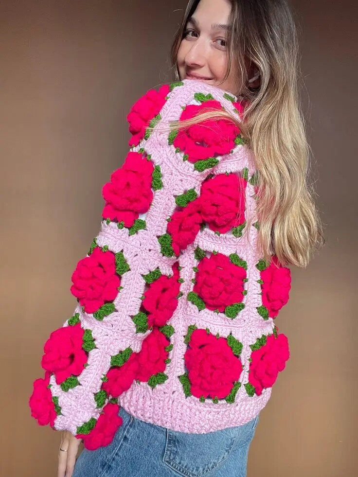 Home Commuter Floral Embroidered Loose Knitted Sweater Cardigan